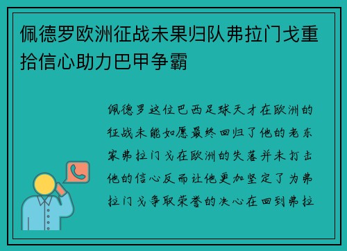 佩德罗欧洲征战未果归队弗拉门戈重拾信心助力巴甲争霸