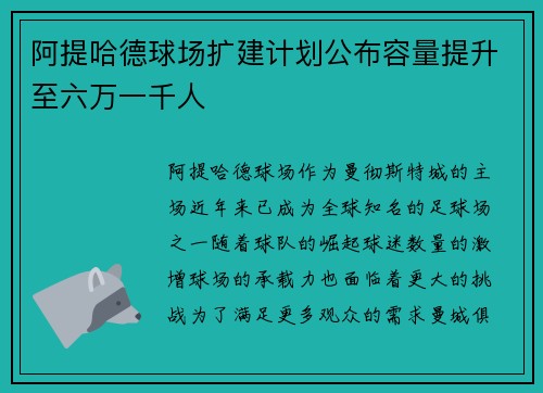 阿提哈德球场扩建计划公布容量提升至六万一千人