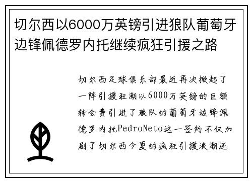 切尔西以6000万英镑引进狼队葡萄牙边锋佩德罗内托继续疯狂引援之路